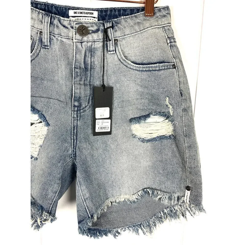 One‎ x One Teaspoon High Waist Mom Fit Intentionally Distressed Denim Shorts 25
